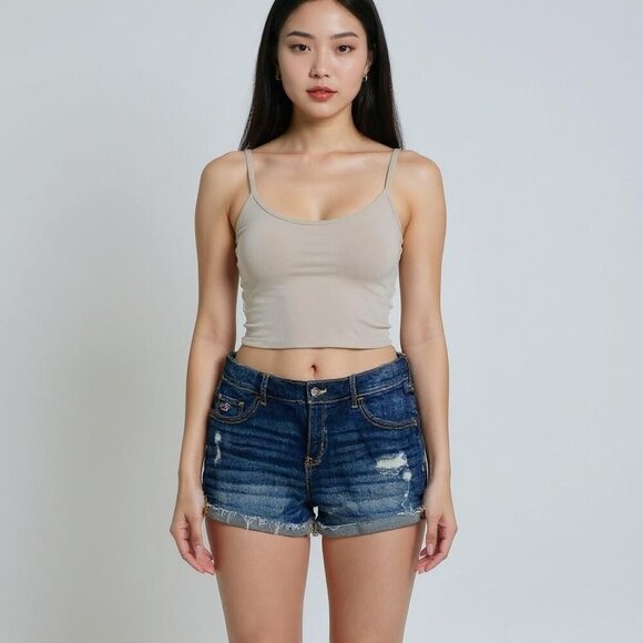 Hollister Distressed Jean Shorts – W28 Size 7 Dark Wash Frayed Hem Cutoffs | Y2K - Picture 1 of 6